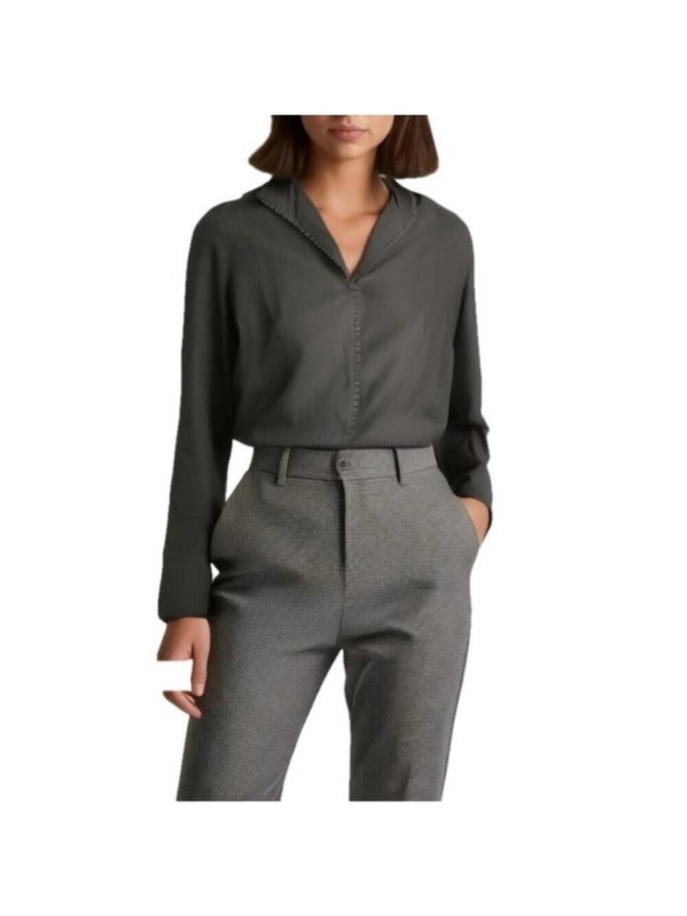 NWT Akris Drk Brwn Stretch Cotton Lace-Trim Blouse 14 MSRP $770
